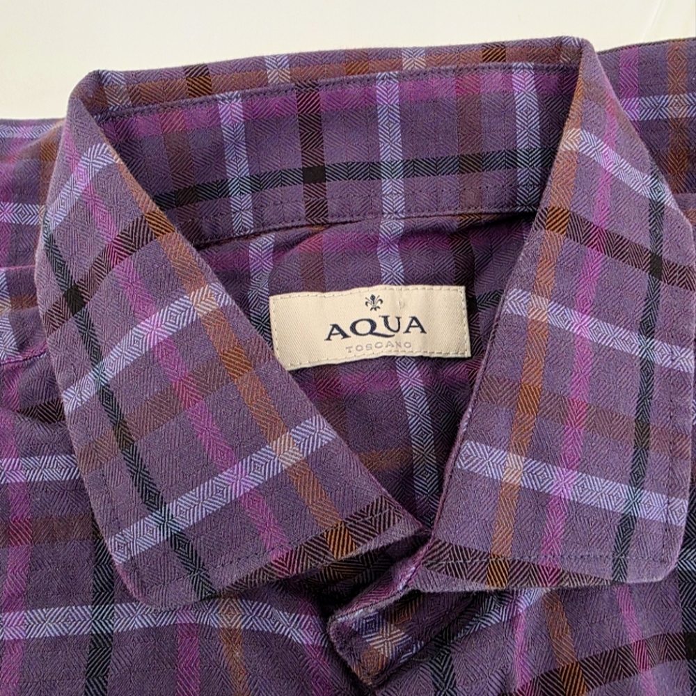 Aqua Toscano 100% Cotton Men's Purple‎ and Brown Plaid Button Up Shirt Size L